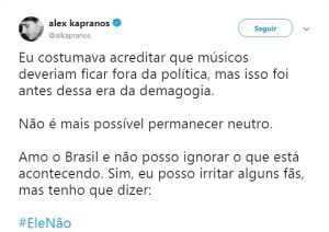 Reprodução da mensagem de Alex Kapranos no Twitter Reprodução da mensagem de Alex Kapranos no Twitter