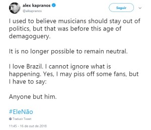Reprodução da mensagem de Alex Kapranos no Twitter Reprodução da mensagem de Alex Kapranos no Twitter