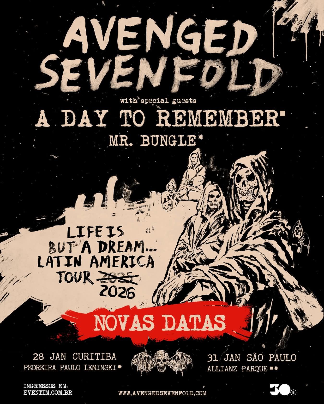 Divulgadas novas datas dos shows do Avenged Sevenfold para